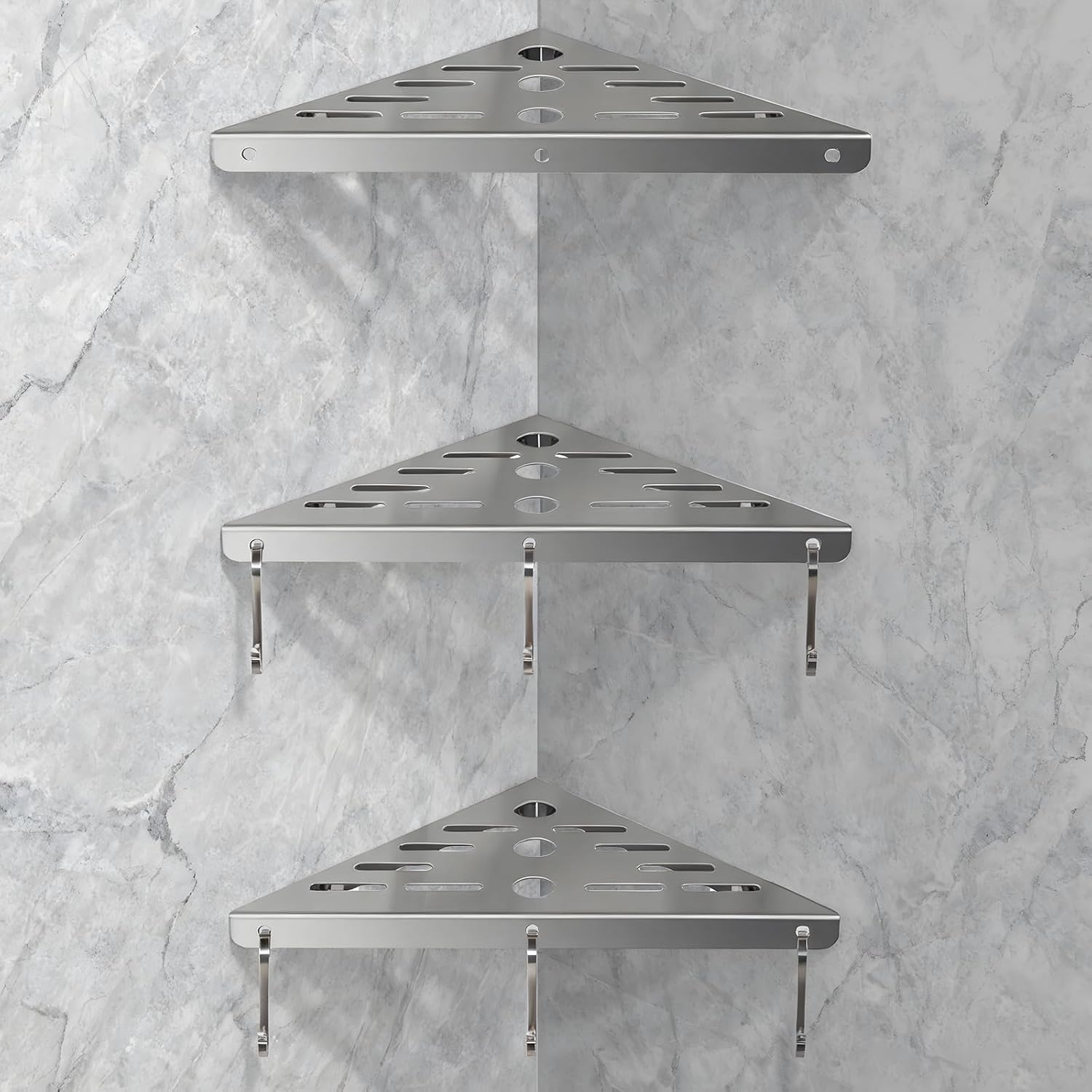 Shower Corner Shelf 304 Stainless Steel Shower Caddy 3 Tier Shower Organizer Niche Extra 6 Hangers Shelves 40 lbs Large Capacity Bathroom Storage for Inside Anti-Rust Drilling Installation(Silver)