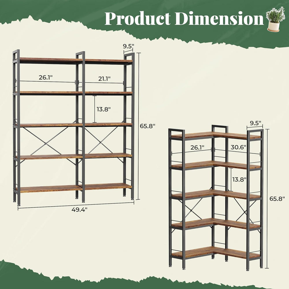 Huuger 5 Tier Bookshelf, L Shaped Corner Bookshelf with 10 Open Shelves, 49.4...