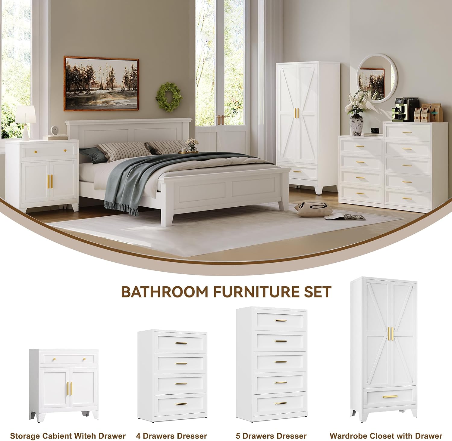 YAUWOH Farmhouse Wardrobe Cabinet,Metal Wardrobe Closet with Hanging Rod,Metal Armoire with Adjustable Shelves for Bedroom,Cloak Room,Office (White)