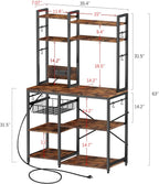 Luckyeestar Bakers Rack with Power Outlet - 6 Tier Microwave Stand with Storage, 35.4 inches Kitchen Shelf with Wire Basket and 12 S Hooks,Coffee Bar Shelf, Adjustable Feet, Rustic Brown Cabinet