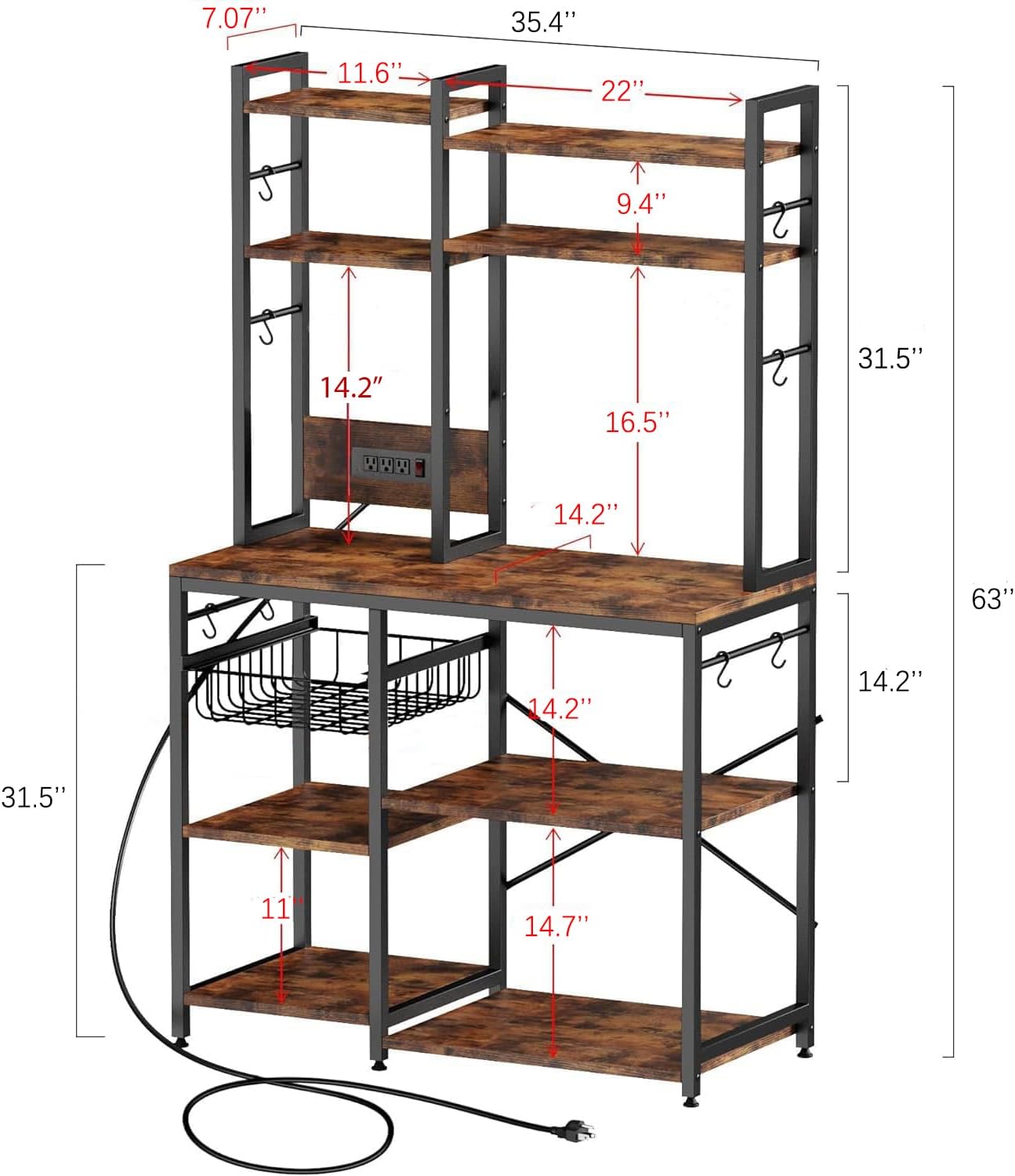 Luckyeestar Bakers Rack with Power Outlet - 6 Tier Microwave Stand with Storage, 35.4 inches Kitchen Shelf with Wire Basket and 12 S Hooks,Coffee Bar Shelf, Adjustable Feet, Rustic Brown Cabinet