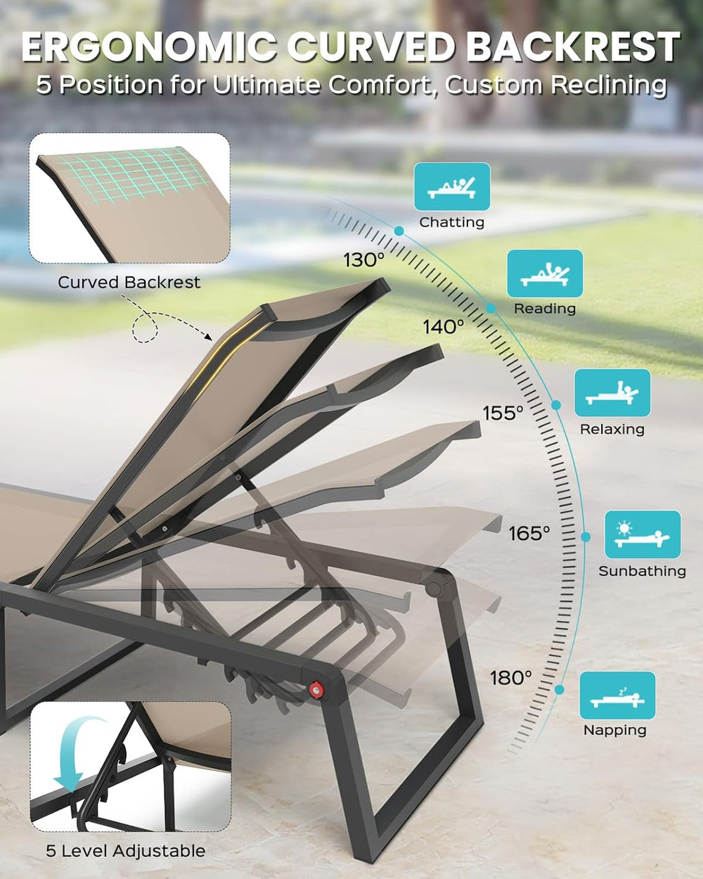 Aluminum Chaise Lounge Chair Outdoor, Foldable& No Assembly Patio Pool Lo...