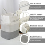 danpinera 100L Nursery Hamper, Tall Woven Laundry Basket with Long Leather Handles, Boho Laundry Hamper for Living Room & Bedroom, Eco-friendly & Convenient Decorative Storage Basket White & Gray