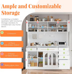 75" Pantry Cabinet, Wooden Cupboard with Power Outlet and 6 Storage Drawers, Large Kitchen Hutch Cabinet W/Countertop and Adjustable Shelves for Home Dining, 5 Cabinets/Pegboard/Towel Rack (White)