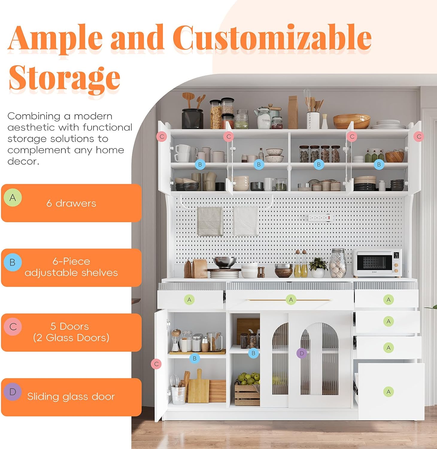 75" Pantry Cabinet, Wooden Cupboard with Power Outlet and 6 Storage Drawers, Large Kitchen Hutch Cabinet W/Countertop and Adjustable Shelves for Home Dining, 5 Cabinets/Pegboard/Towel Rack (White)