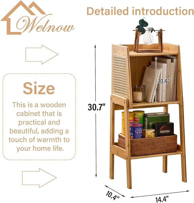 Welnow Bamboo Rattan Bookcase with Cabinet, 1-Tier Storage Shelf with Side Ta...