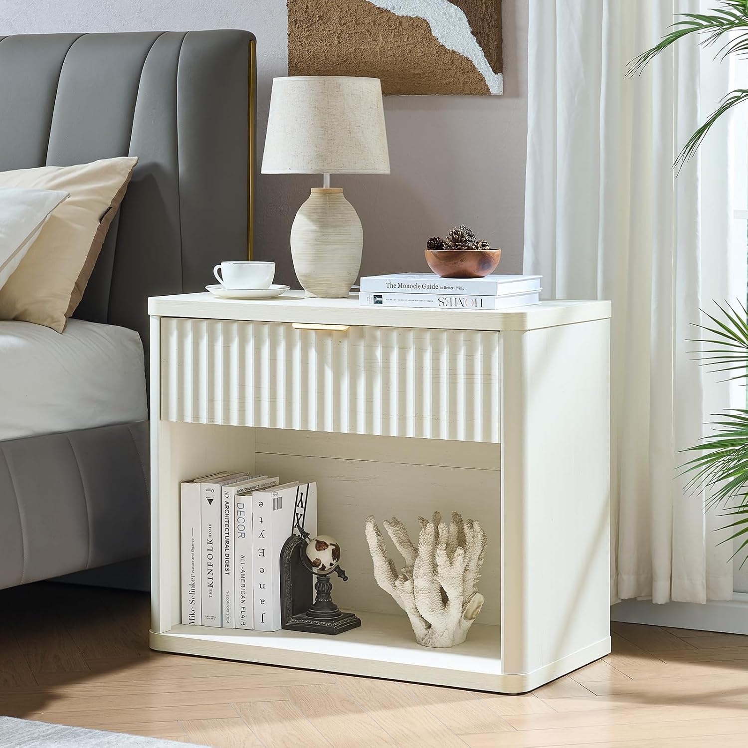 LEYAOYAO 31" Wide Fluted Nightstand Set of 2 with Charging Station, Oversized Extra Large 1 Drawer Night Stand with Golden Handle, White Wood Bedside Table Tall End Tables,for Bedroom, Living Room
