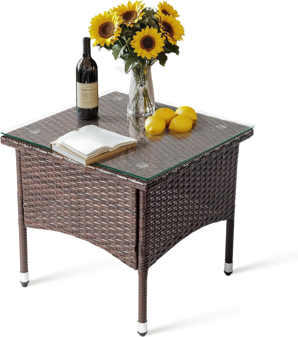 VINGLI Outdoor Wicker Side Table Patio Side Tables for Outside, Tempered Glas...
