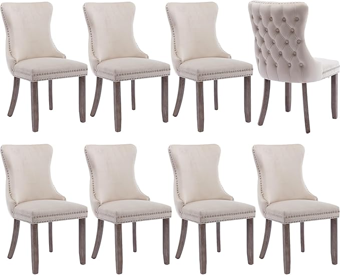 Modern Dining Chairs Set of 8, Upholstered Dining Chair with Full Back and Button Tufting, Beige Velvet Accent Chair, Sillas de Comedor, Kitchen & Dining Room Chairs (Beige, Velvet, 8Pcs)