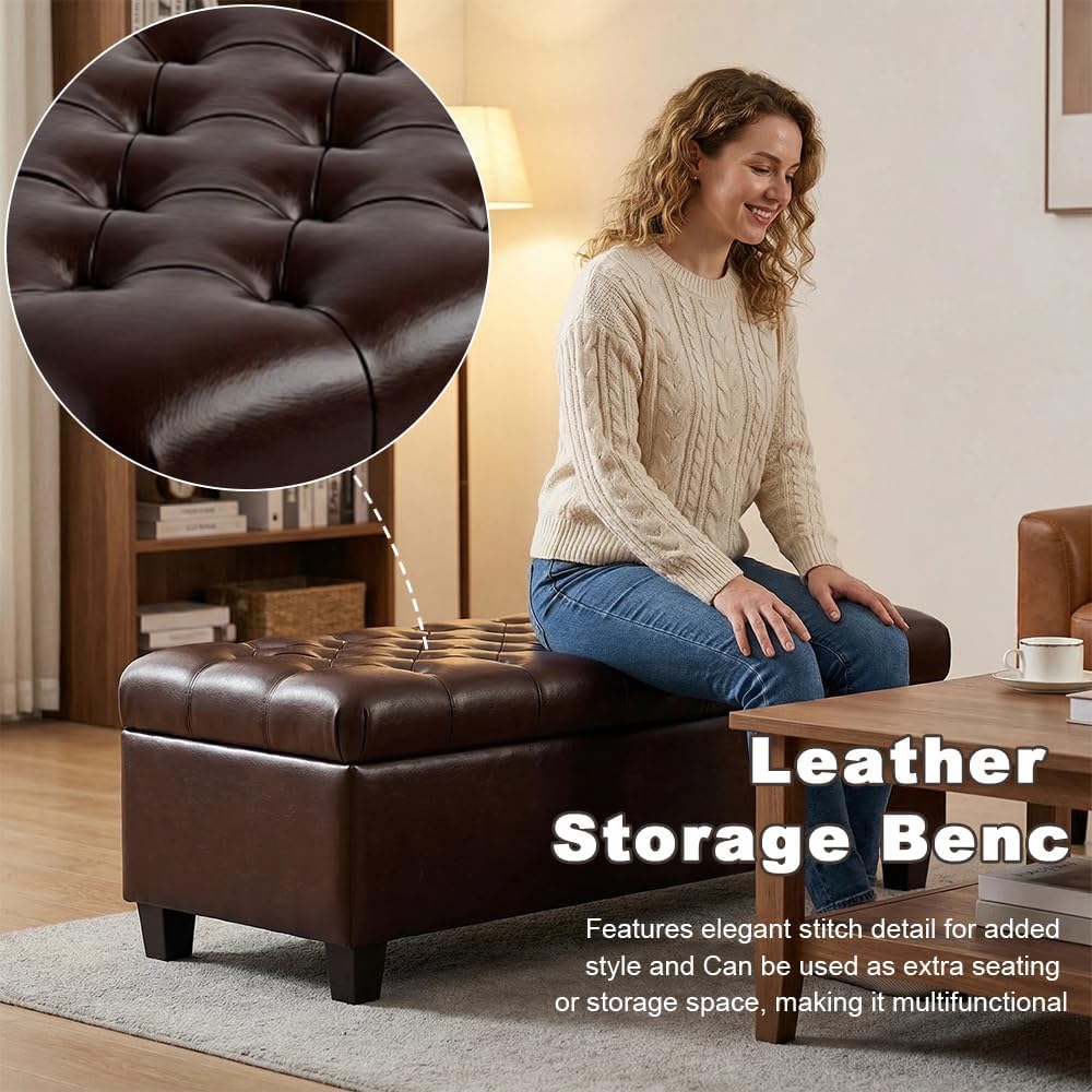 Leather Storage Bench for Living Room, End of Bed Bench with Storage, Large U...