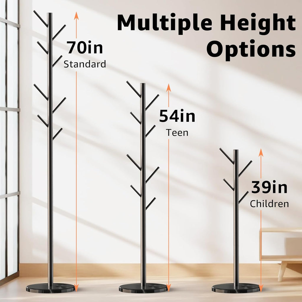 HzTinT Coat Rack with Natural Marble Base, Metal Freestanding Coat Rack with 8 Hooks, 3 Adjustable Size Sturdy Coat Tree for Bags, Coats, and Hats for Entryway, Hallway, Bedroom, Office, Black