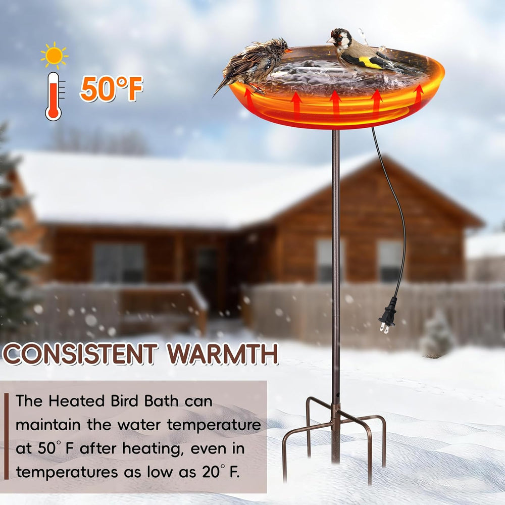 100W Heated Bird Bath – 35-Inch High Iron Birdbath with Water Heater & De...