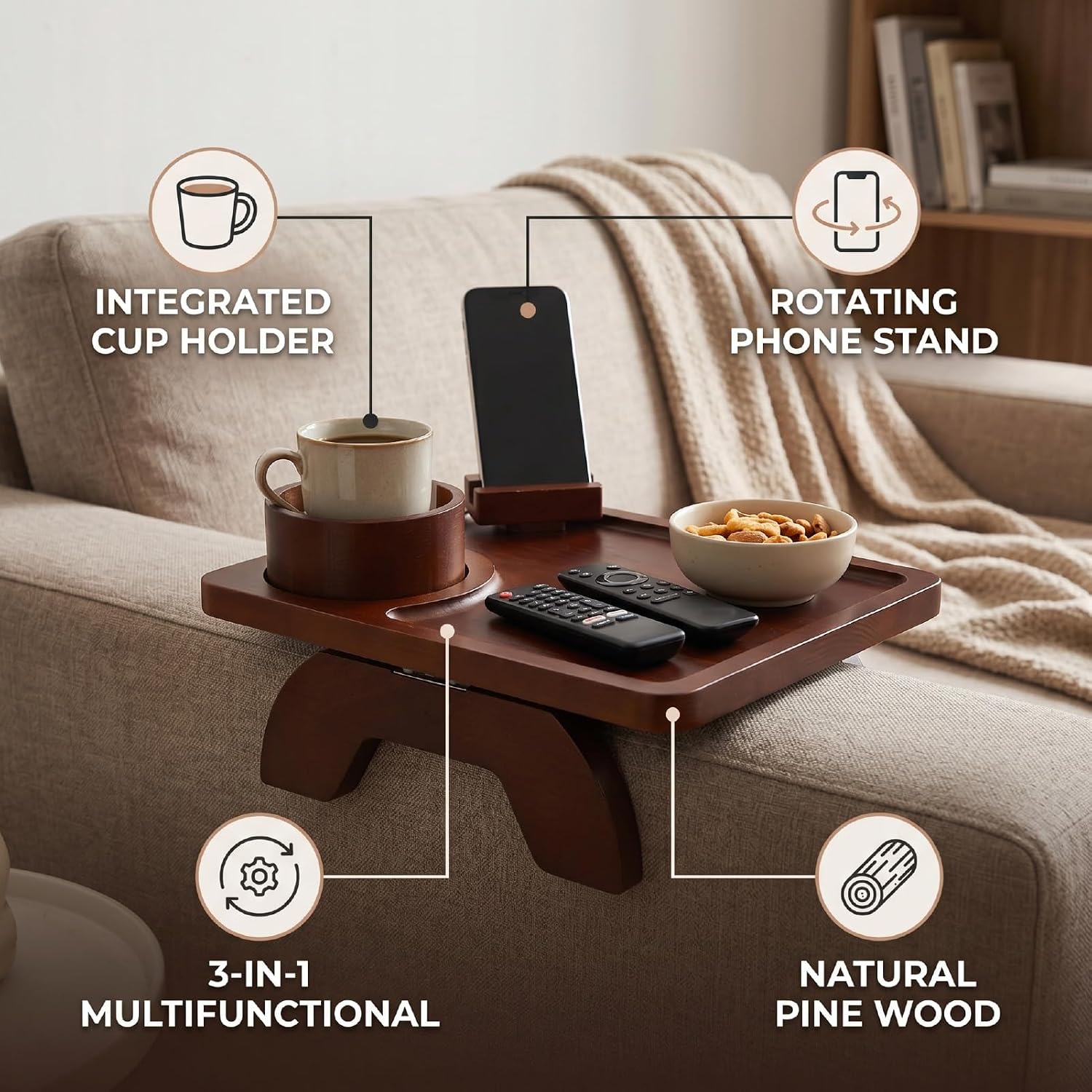 Wood Sofa Arm Tray Table, Couch Armrest Table with Cup Holder, Phone Stand, Clip On Sofas Couch Arm Trays for Snacks Drinks Remote Control (Brown)