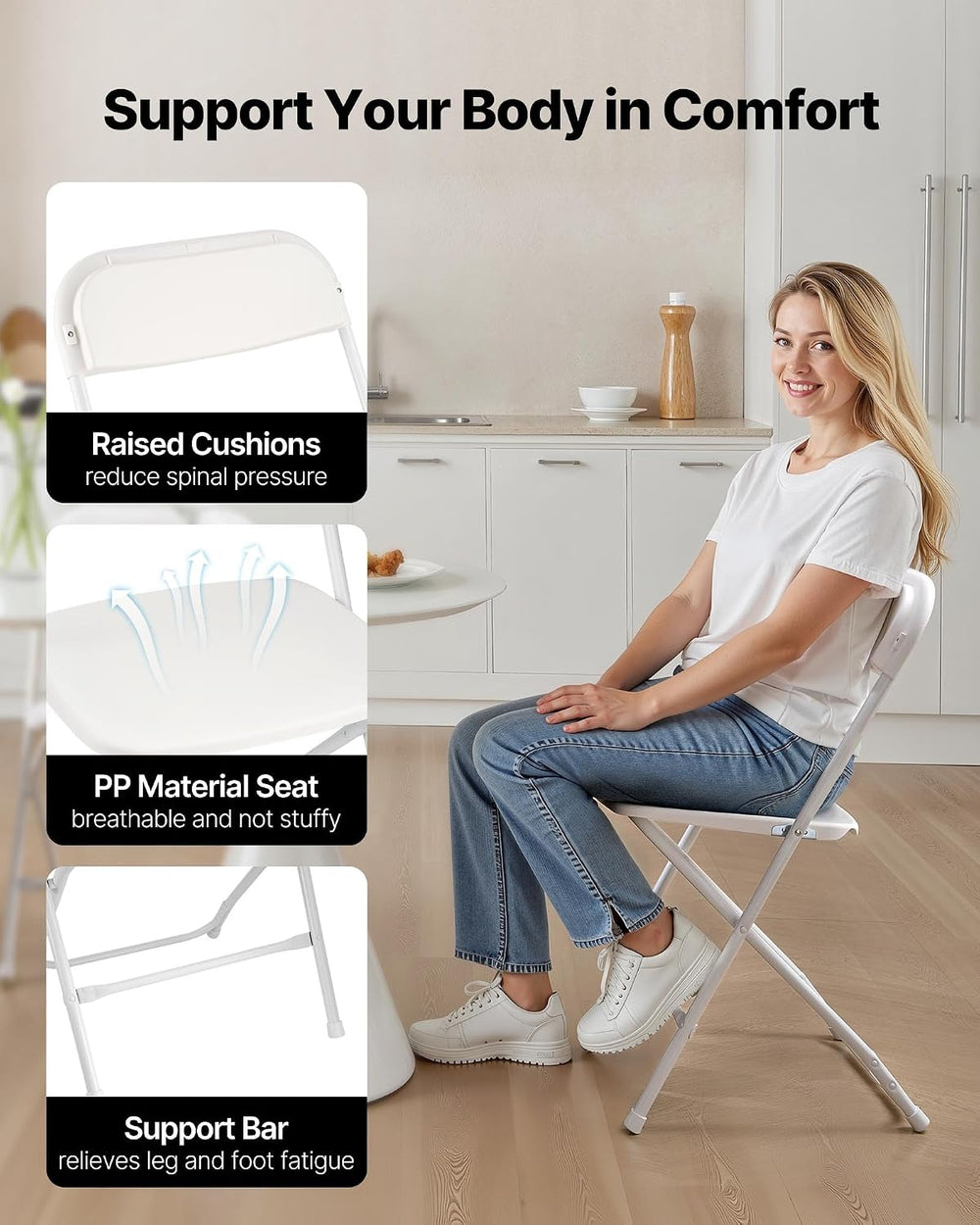 VEVOR 4 Pack Folding Chairs, Foldable Plastic Chair with Reinforced Metal Fra...
