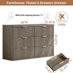 LEYAOYAO Fluted 6 Drawers Dresser, 48" Wide Modern Chest of Drawers with Wood Grain Top, Curved Profile Design, Dresser TV Stand, Wood Drawer Organizer for Bedroom, Living Room, Hallway,Grey