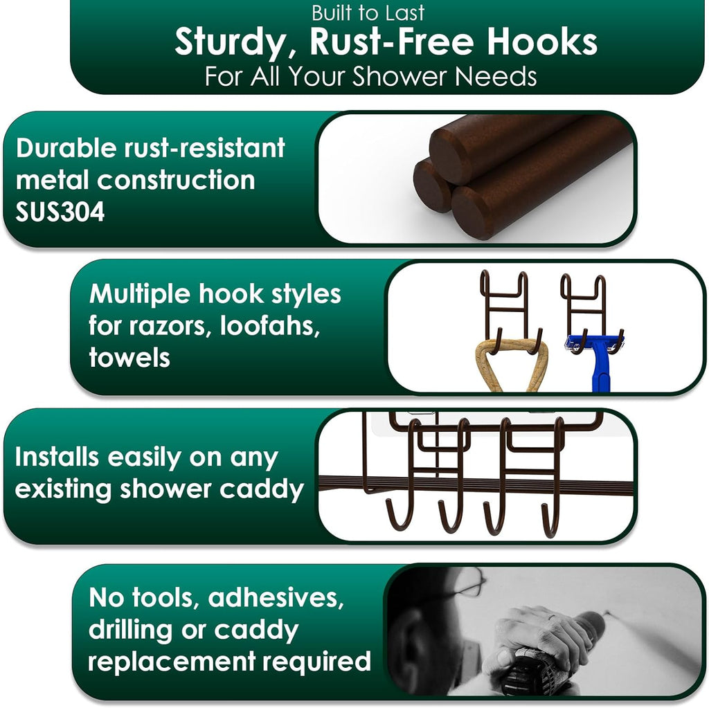 Bronze Shower Caddy Hooks - Razor Hanger and Shelf Hooks for Loofah - 2 Pack