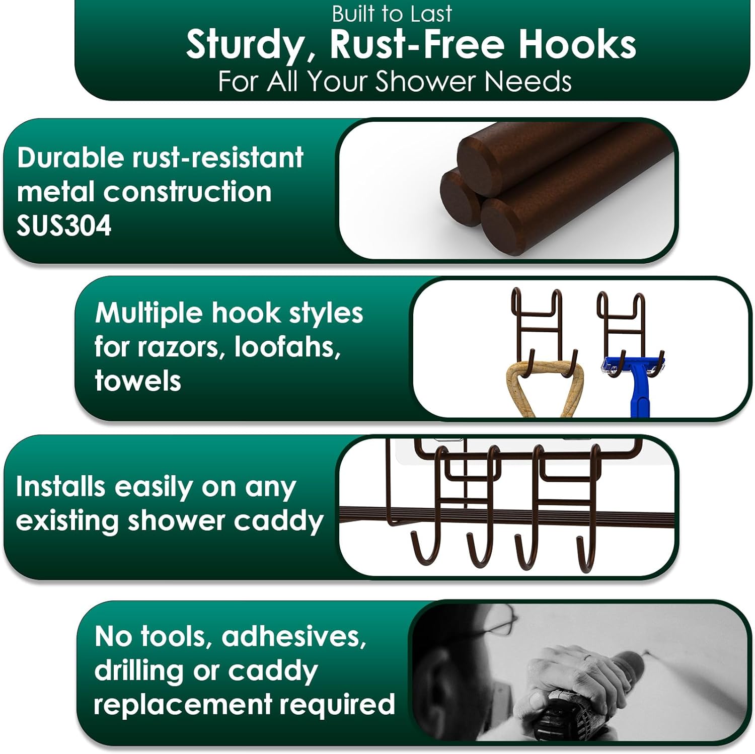 Bronze Shower Caddy - 4 Pack Open Shelf Hooks for Loofah, Razor, Shower Accessories