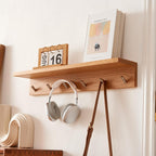 Oak Wood Coat Rack Wall Mount With Shelf 27.5 Inch Long, Entryway Floating Shelf With 6 Hooks for Bathroom, Hallway, Living Room