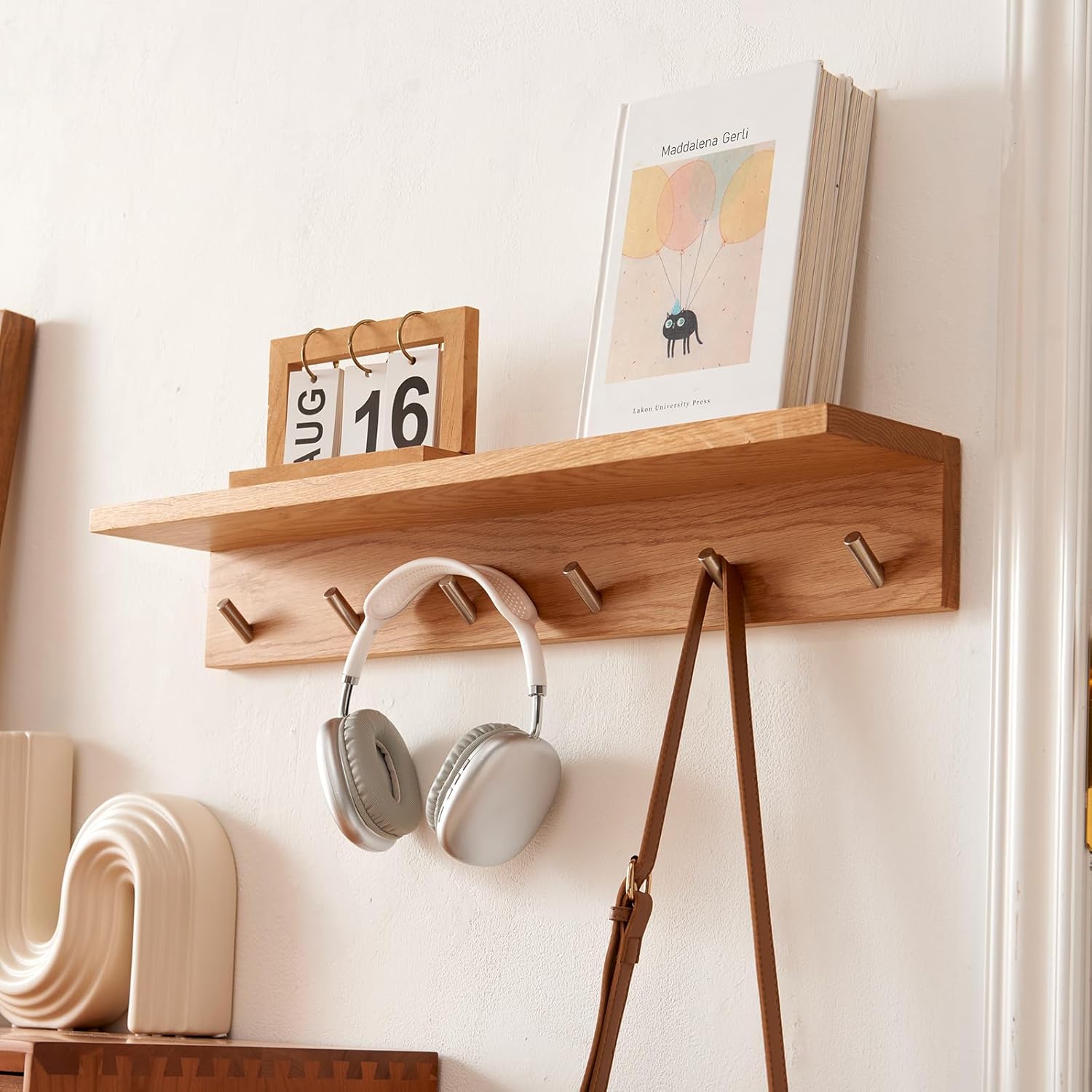 Oak Wood Coat Rack Wall Mount With Shelf 27.5 Inch Long, Entryway Floating Shelf With 6 Hooks for Bathroom, Hallway, Living Room