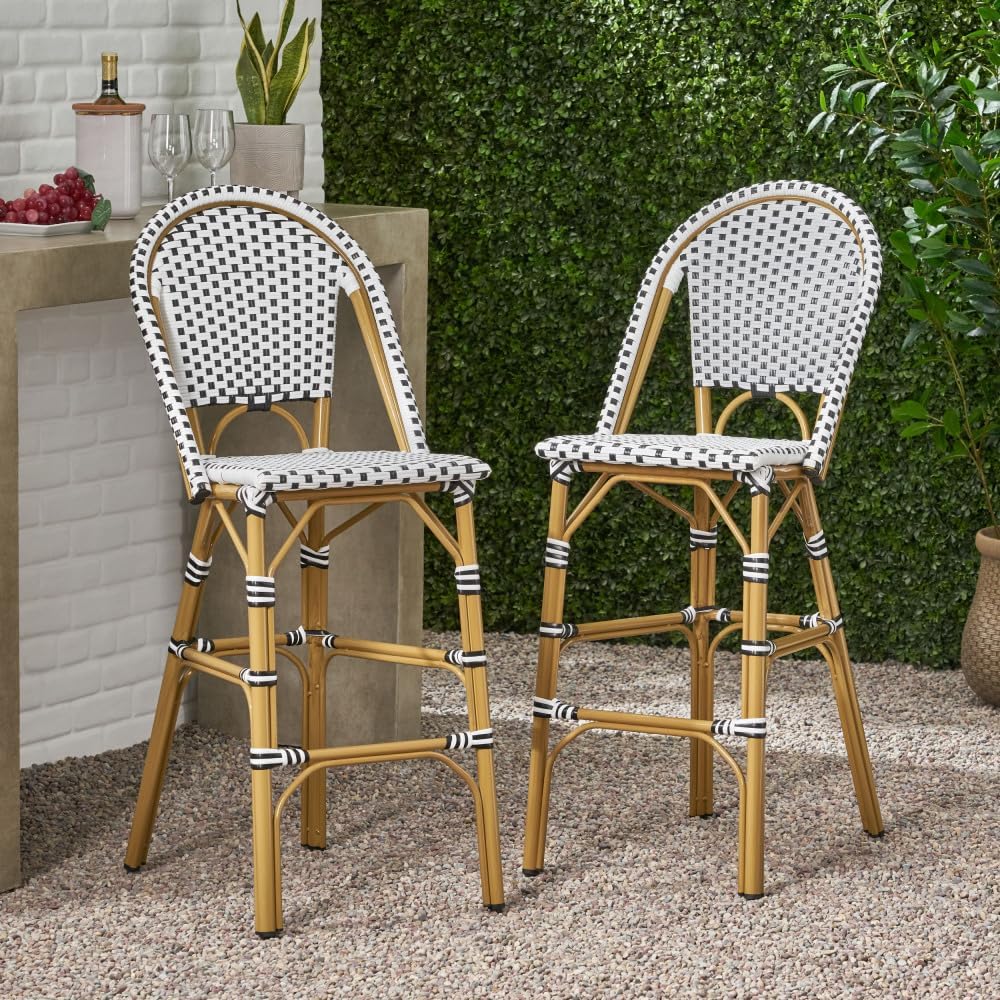 Saiveina 29.5" Outdoor PE Rattan French Barstool, White and Black, Alumi...