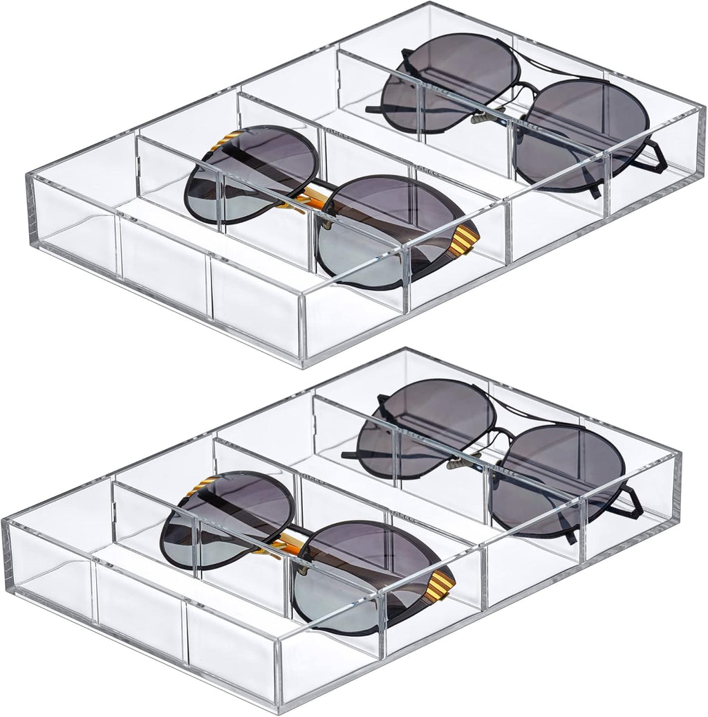 Amazing Abby - Soleil - 2-Pack Acrylic 4-Compartment Sunglass Organizer, Plastic Eyeglass Display Case, Transparent Jewelry Storage Tray, Clear Beauty Supply Holder, Great for Bedroom and Bathroom