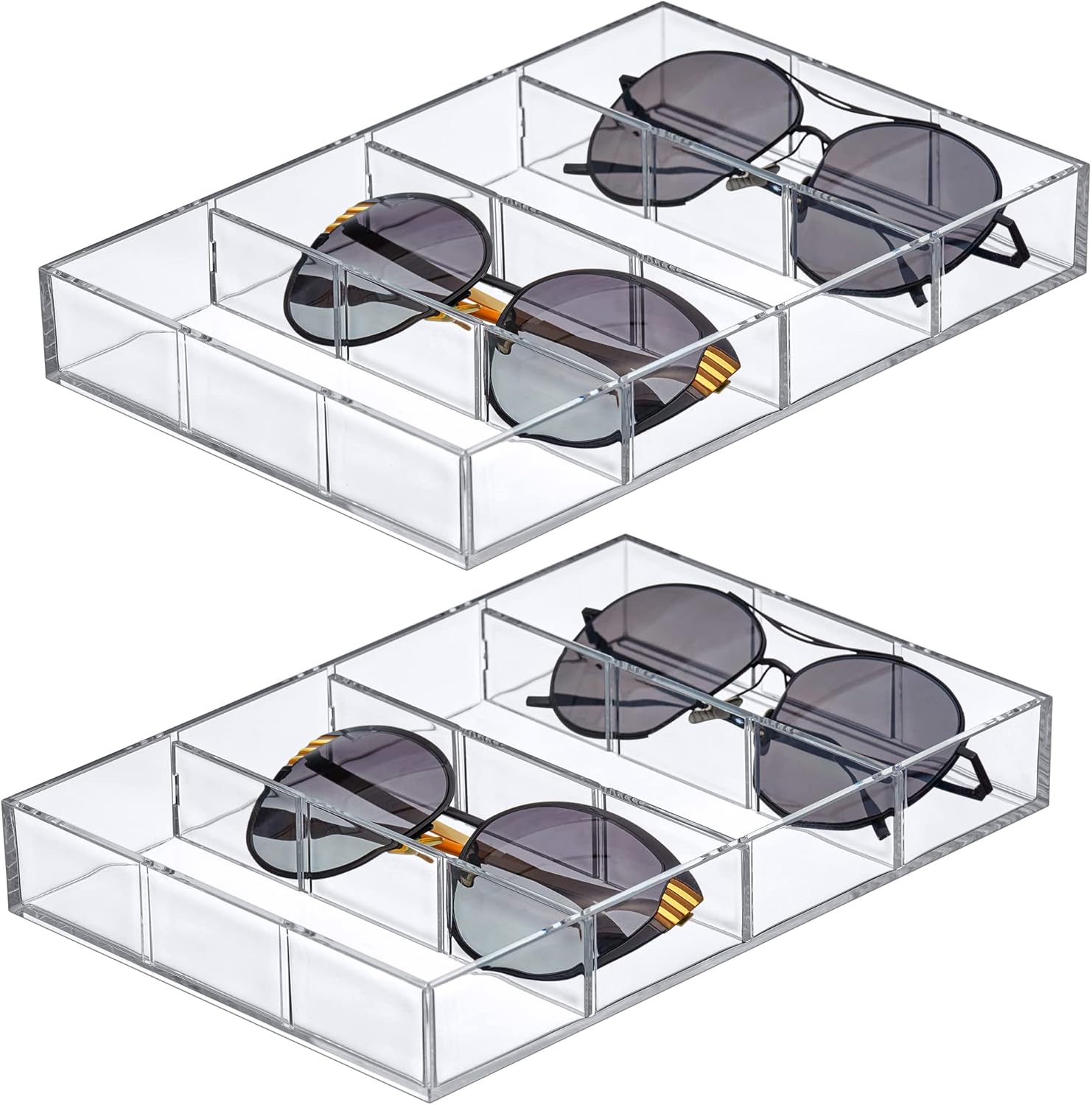 Amazing Abby - Soleil - 2-Pack Acrylic 4-Compartment Sunglass Organizer, Plastic Eyeglass Display Case, Transparent Jewelry Storage Tray, Clear Beauty Supply Holder, Great for Bedroom and Bathroom