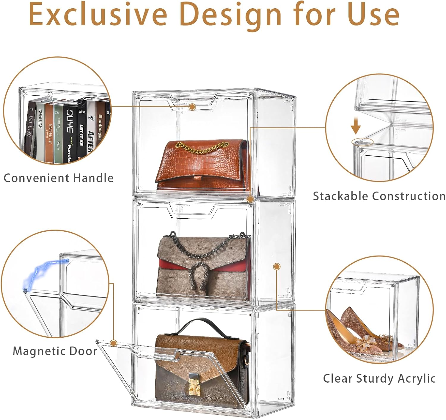 3 Pack Clear Storage Bins with Lids, Storage Containers with Magnetic Door, Stackable Acrylic Display Case for Handbags, Cosmetic, Multifunctional Storage Boxes for Dorm, Living Room, Bedroom Storage