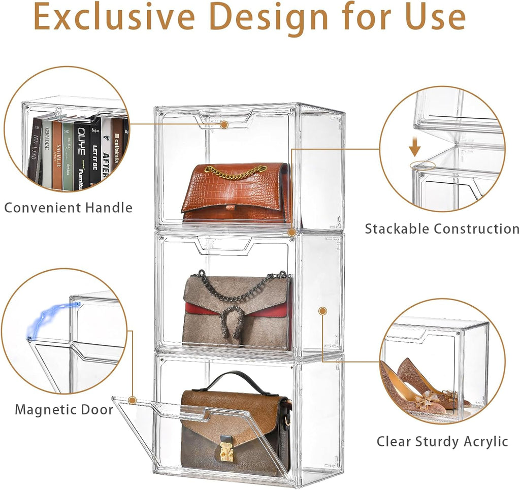 Stackable Storage Bins,Clear Acrylic Display Case, Acrylic Boxes with Lids, Stackable Storage for Handbags & Purse, Magnetic Lid Storage Bins for Home Organization-1 Pack