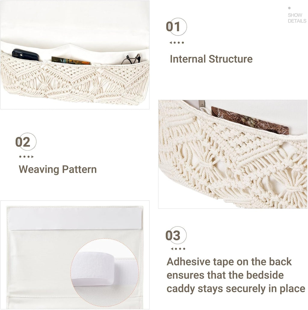 Mkono Macrame Bedside Caddy Storage Organizer Boho Remote Control Tablet Magazine Holder with 4 Pockets Non-slip Countertop Bedside Caddy for Home Bedroom Living Room College Dorm Bed, Ivory, Large