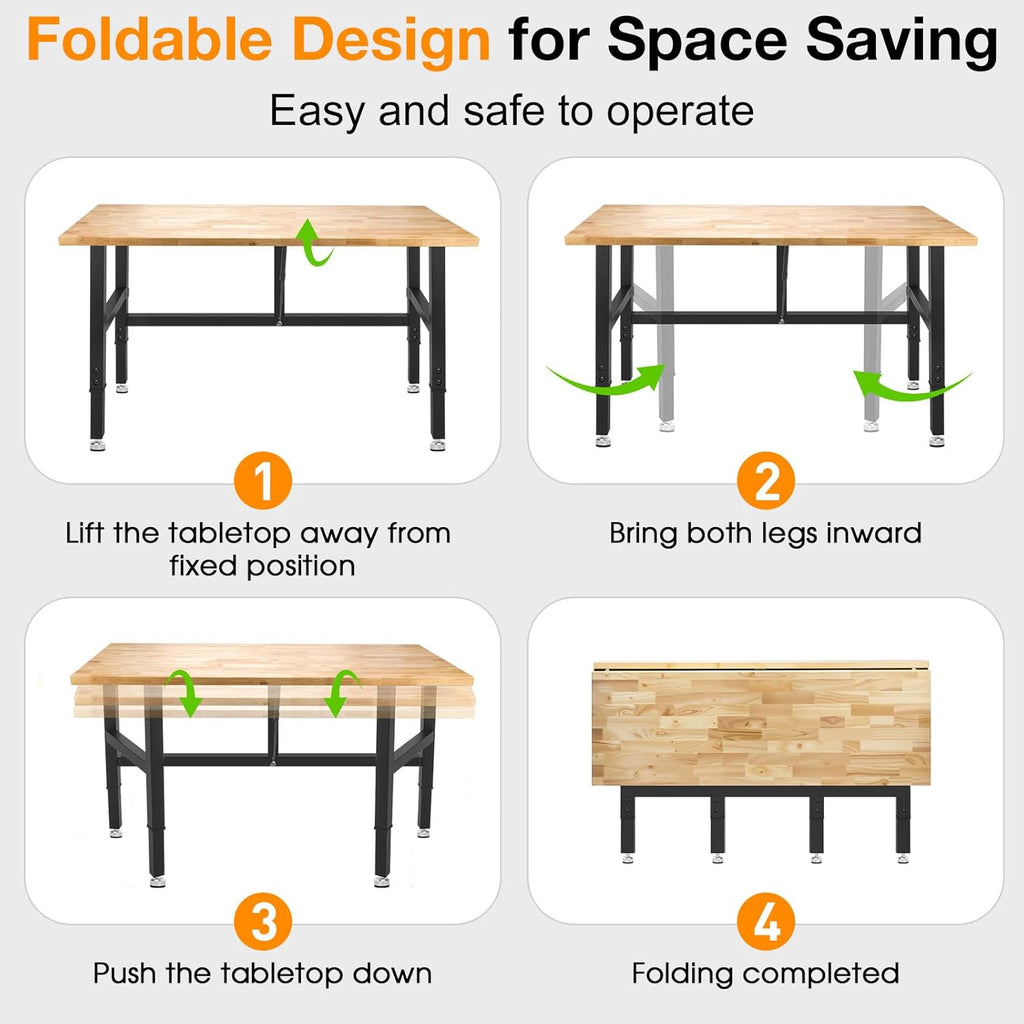 48”Folding Workbench, 2000 LBS Capacity Heavy Duty Workbench, Height Adjustable Foldable Work Table, Rubberwood Collapsible Desk for Workshop, Garage, Office, Home