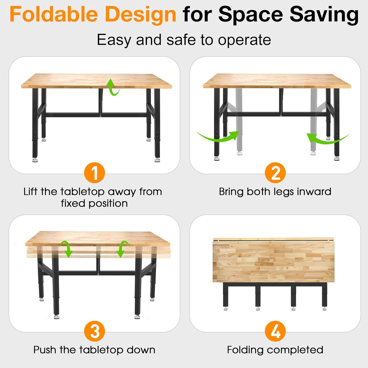 48”Folding Workbench, 2000 LBS Capacity Heavy Duty Workbench, Height Adjustable Foldable Work Table, Rubberwood Collapsible Desk for Workshop, Garage, Office, Home