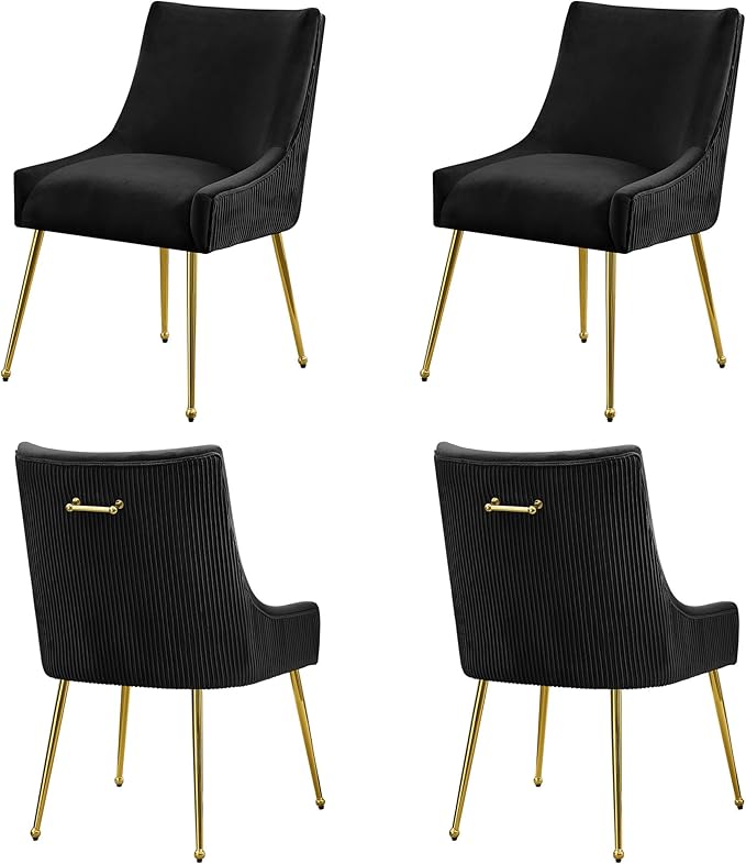 Velvet Dining Chairs Set of 4 Gold Legs,Upholstered Velvet Accent Chairs, Pleated Back Design & Gold Pull Handle, Mid Century Modern Chairs for Dining/Kitchen/Living Room,Black