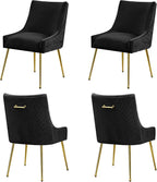 Velvet Dining Chairs Set of 4 Gold Legs,Upholstered Velvet Accent Chairs, Pleated Back Design & Gold Pull Handle, Mid Century Modern Chairs for Dining/Kitchen/Living Room,Black