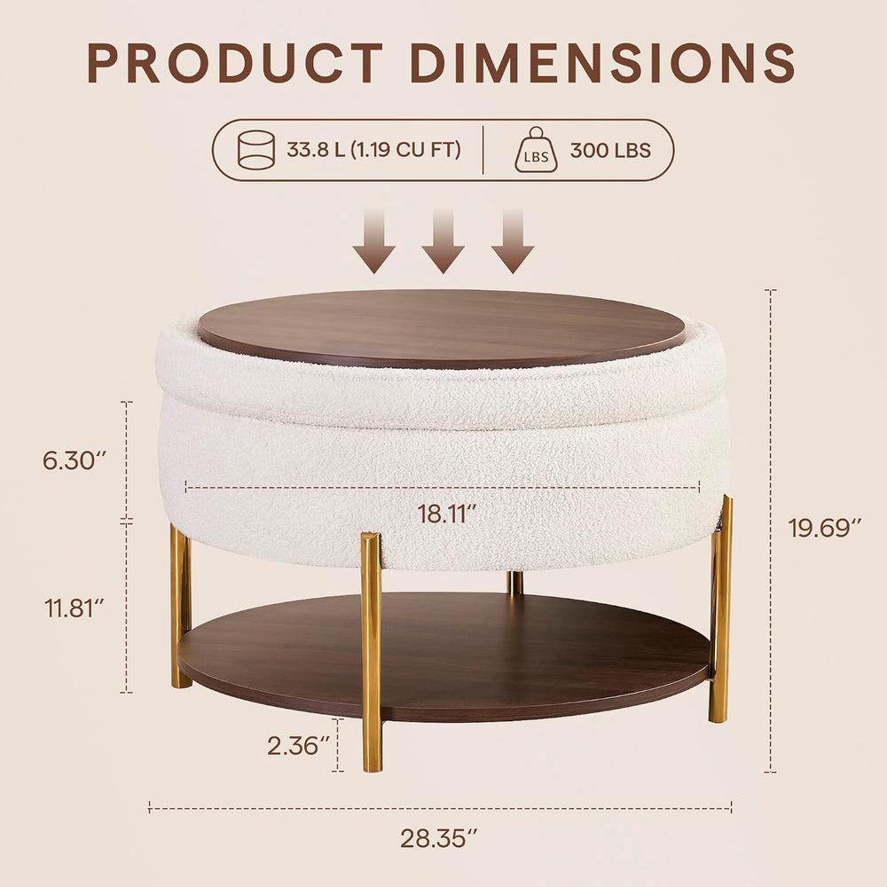 28.5 Inch Round Coffee Table Ottoman with Storgae, Modern Large Upholstered C...
