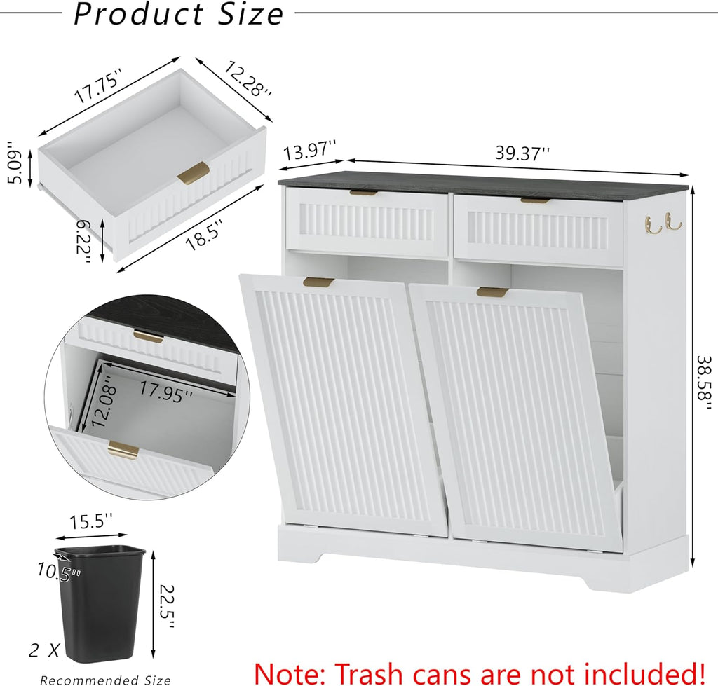 2x13 Gallons Double Tilt Out Trash Can Cabinet, Wooden Fluted Trash Garbage Can Cabinet with 2 Drawers, Hidden Laundry Hamper with Hooks for Kitchen Living Room, White