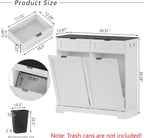 2x13 Gallons Double Tilt Out Trash Can Cabinet, Wooden Fluted Trash Garbage Can Cabinet with 2 Drawers, Hidden Laundry Hamper with Hooks for Kitchen Living Room, White