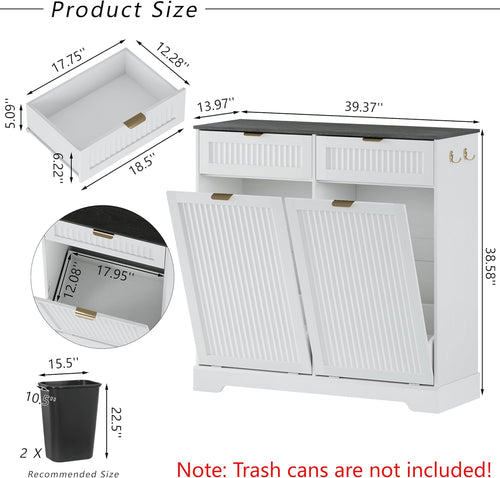 2x13 Gallons Double Tilt Out Trash Can Cabinet, Wooden Fluted Trash Garbage Can Cabinet with 2 Drawers, Hidden Laundry Hamper with Hooks for Kitchen Living Room, White