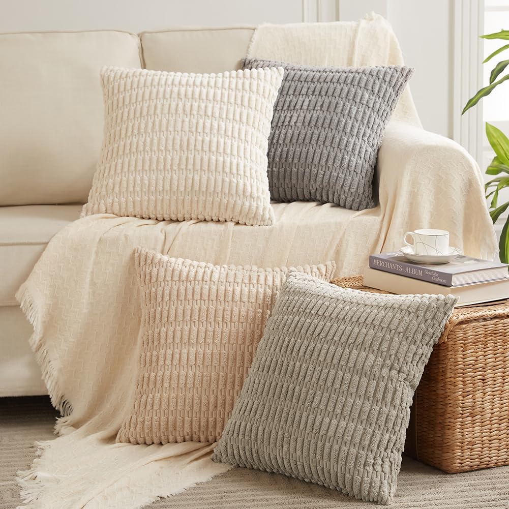 Fancy Homi 4 Packs Decorative Throw Pillow Covers for Living Room Couch Bed, Modern Farmhouse Boho Home Décor Accent Cushion Case, 18" x 18", Neutral