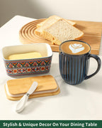 Hasense Bohemian Butter Dish, Farmhouse Ceramic Butter Dish with Lid for Fridge, Butter Container Holder with Cover or Fridge,Silicone Sealing, Holds Two Sticks of Butter, Green