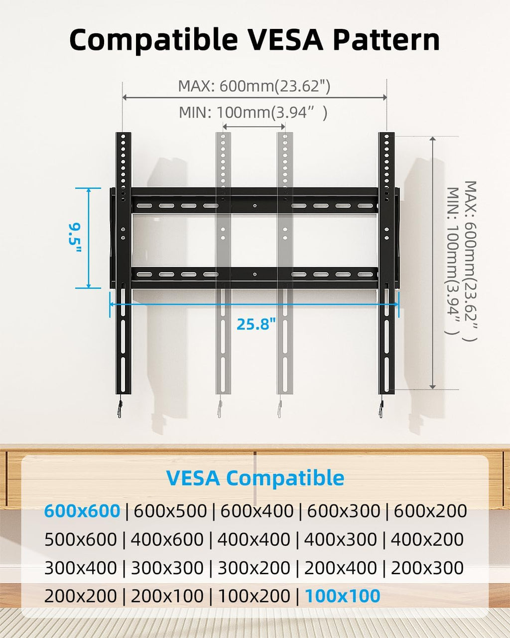 HOME VISION Heavy Duty TV Wall Mount for 42–100" TVs, Fits TCL & Samsung 98" TVs, 2mm One-Piece Solid Steel, Holds 220 lbs, Max VESA 600×600mm, Fits 16/18/24" Studs, Ultra Slim Fixed TV Mount, HV8602