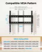 HOME VISION Heavy Duty TV Wall Mount for 42–100" TVs, Fits TCL & Samsung 98" TVs, 2mm One-Piece Solid Steel, Holds 220 lbs, Max VESA 600×600mm, Fits 16/18/24" Studs, Ultra Slim Fixed TV Mount, HV8602