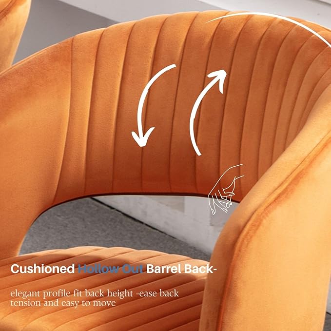 Orange Velvet Dining Chairs Gold Legs, Modern Dining Room Chairs with Arms Set of 6 Upholstered Accent Chair Armchair with Barrel Back for Kitchen Living Room