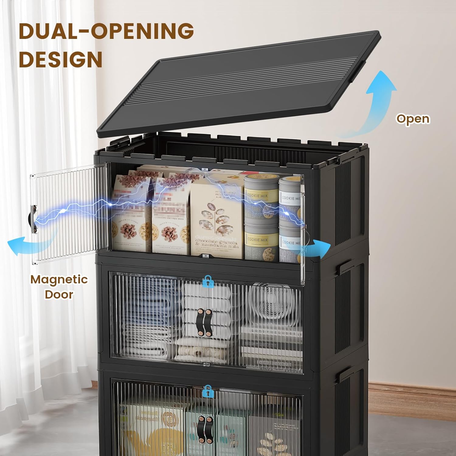 SAILUN 95Gal/381Qt Stackable Storage Bins Folding Collapsible Storage Bins with Lid, Closet Organizers and Storage Box with Door Black 28" W x 17" D x 46" H