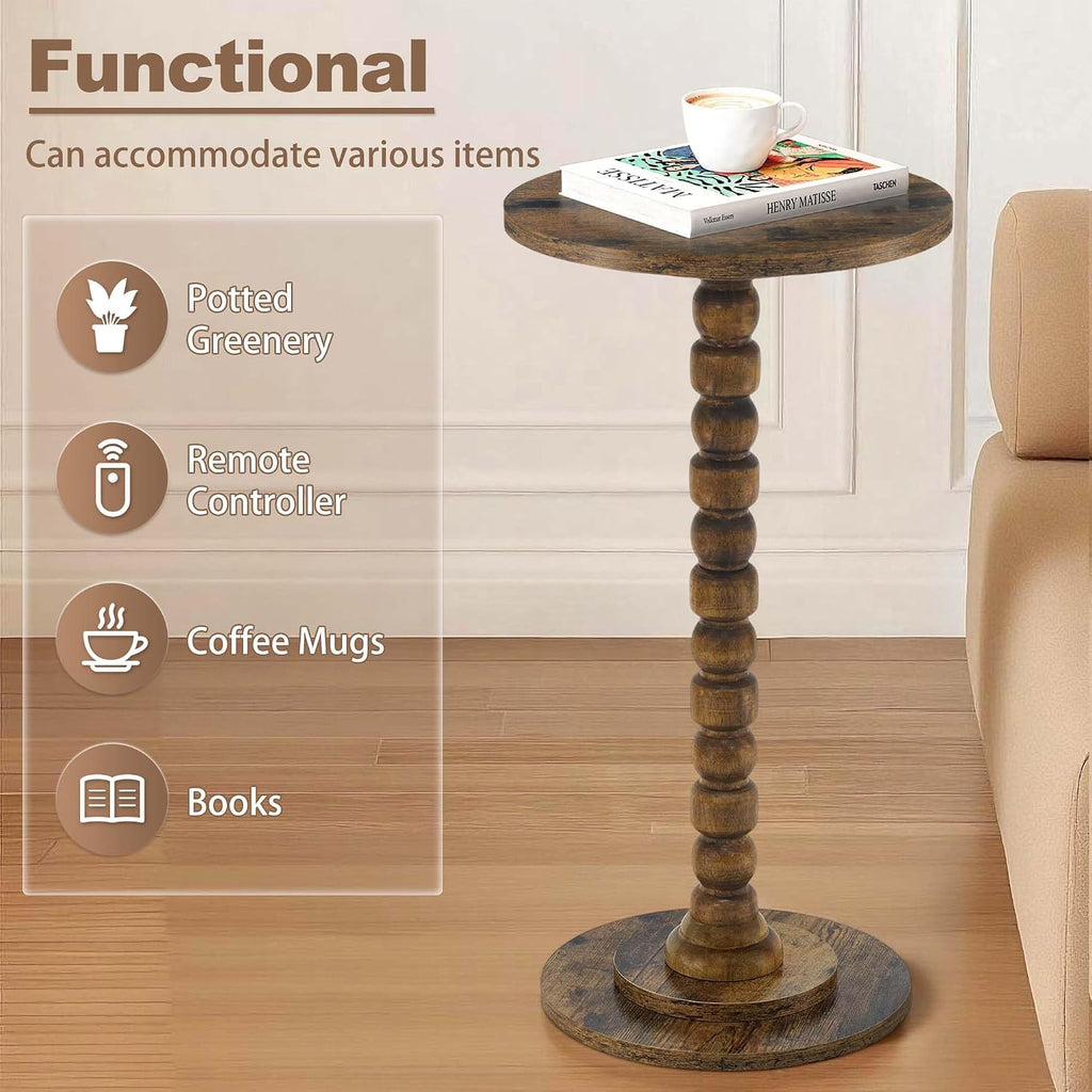 Round Side Table, Small End/Drink Table for Small Spaces, Modern Accent Tables with Solid Wood Leg for Bedroom, Living Room, Corners and Office (Rustic Brown)