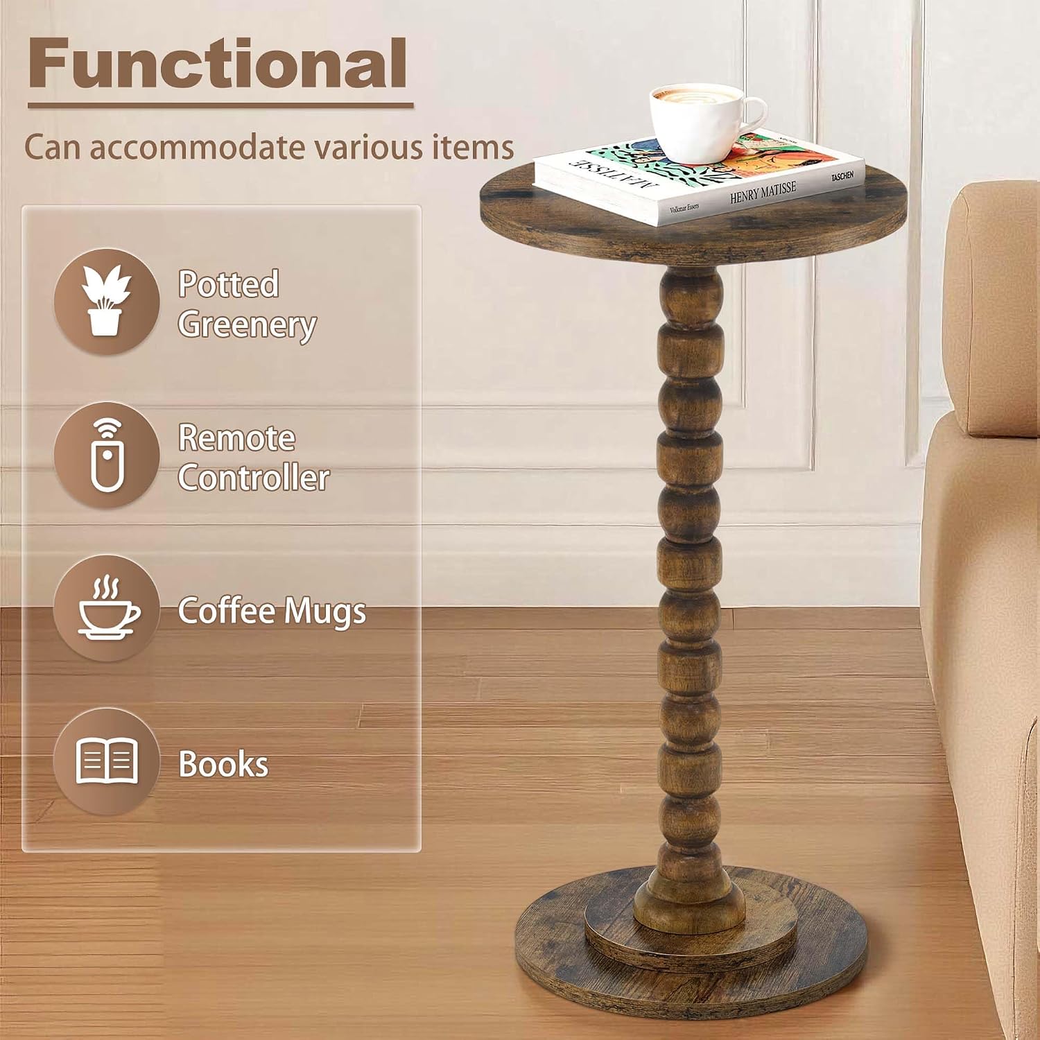 Round Side Table, Small End/Drink Table for Small Spaces, Modern Accent Tables with Solid Wood Leg for Bedroom, Living Room, Corners and Office (Rustic Brown)