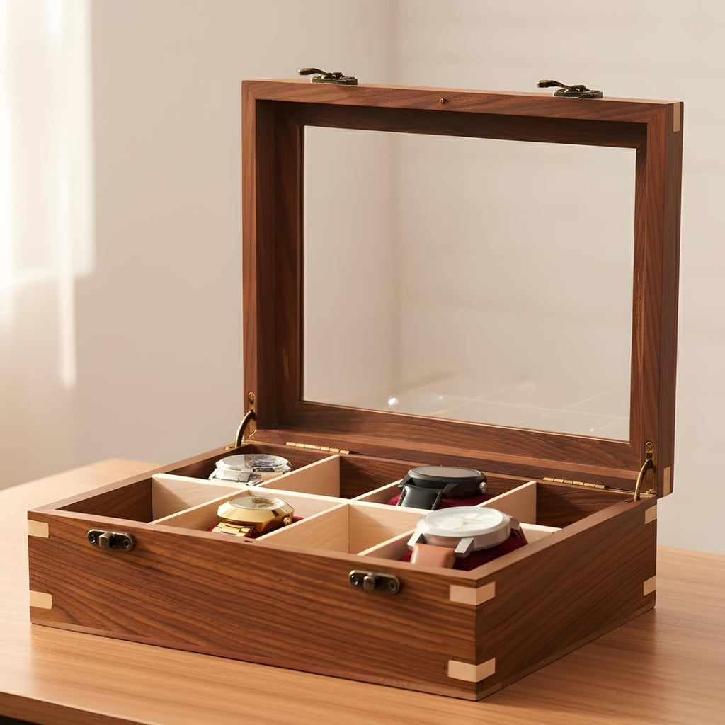 Wooden Watch Box for Men & Women, Watch Organizer & Display Case, Premium Long-Lasting Watch Holder for Storage, Elegant Gift for Watch Collectors (Glass Top, 8 Slots)