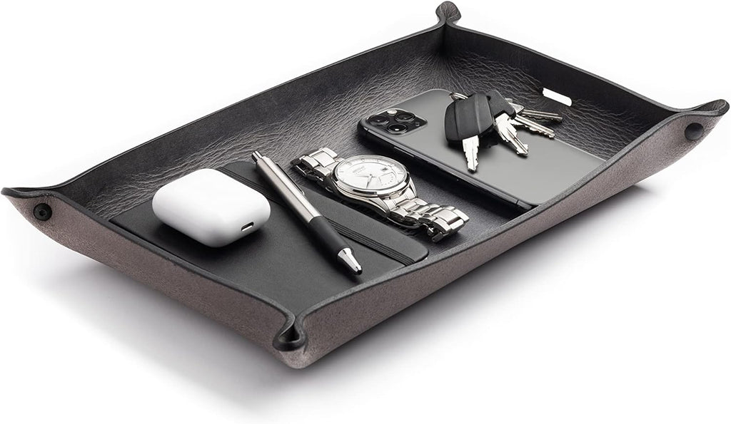 Main Street Forge Leather Valet Tray for Men – Rustic EDC Organizer for Keys, Phone & Wallet – Made in USA – Avalanche Gray