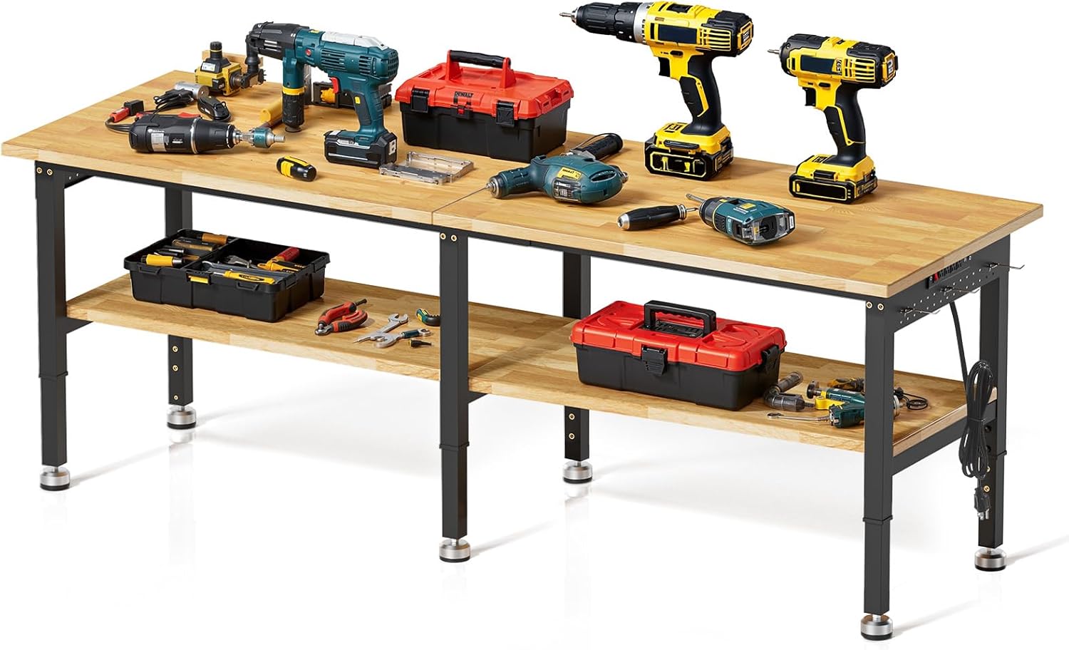 96” Adjustable Work Bench, 2-Layer Heavy Duty Workbench, 6000 LBS Capacity Workbench with Pegboard & Power Outlet, Rubber Wood Work Table for Garage, Office, Workshop, Home