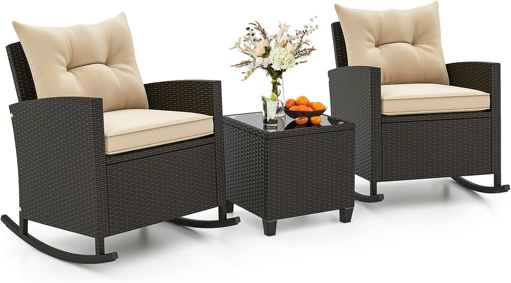 Tangkula 3 Piece Wicker Outdoor Rocking Chairs Set (Beige) | Tempered Glass Table & Thickened Soft Cushions | Easy Maintenance | Long-Lasting for Porch Garden Patio Backyard Poolside