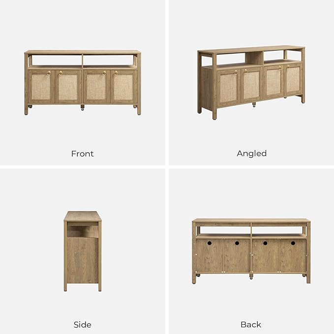 SICOTAS Rattan TV Stand for Television up to 120 Inch - Large Entertainment Center with Storage and Open Shelves, Boho Media TV Console Cabinet with Doors and Adjustable Shelf for Living Room